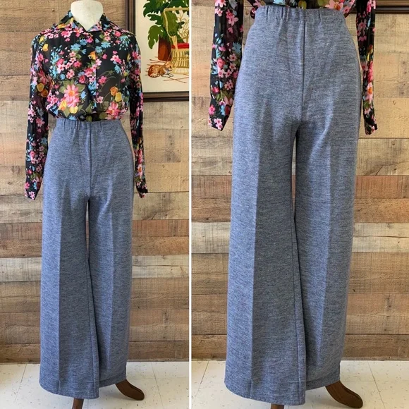 Vintage 1970’s Knit Pull On Wide Leg Bell Bottom Soft Comfy Pants Trousers - Picture 1 of 6